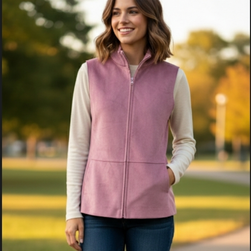 J. Jill Soft Suede-Look Zip Vest Mauve Pink Layering Size Medium